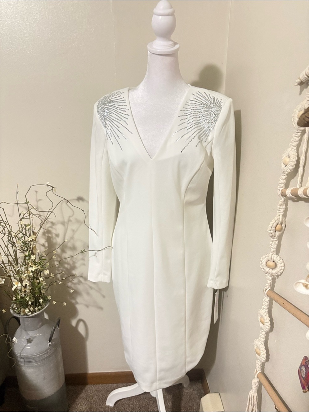 Elegant White V-Neck Long Sleeve Dress with Crystal Shoulder Detail